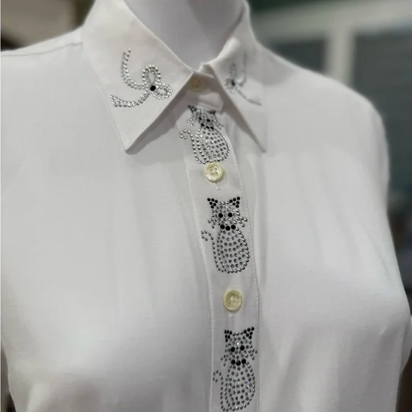 Christine Alexander Elegant White Cat and Bow Rhinestone Button Down Blouse M - Picture 1 of 13